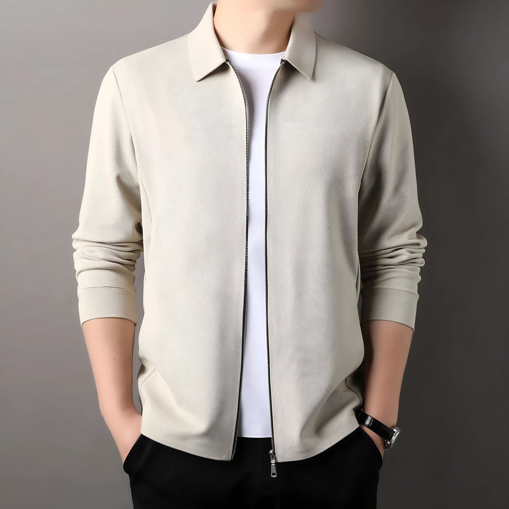Men's straight hem polyester jacket in apricot, black, or dark grey on a size chart
