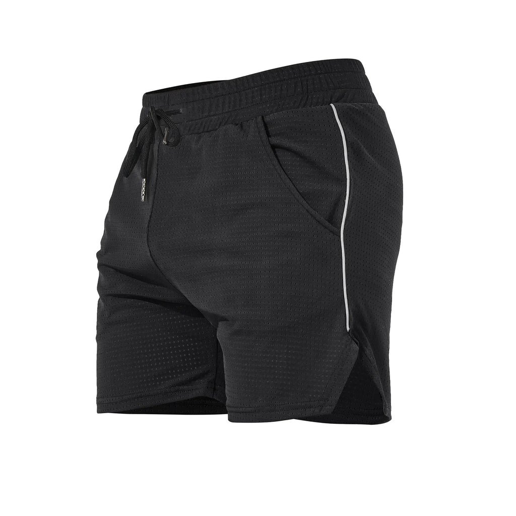 Men's straight-leg polyester sports shorts in black, available in sizes M to 3XL
