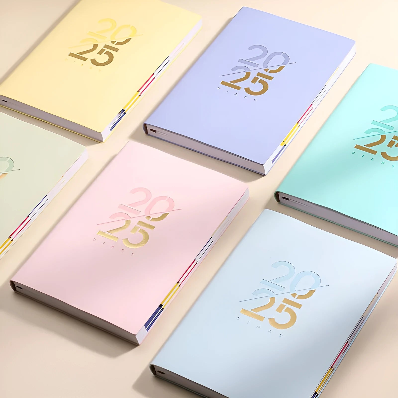 A5 2025 daily planner schedule book with faux leather cover shown in blue colour option