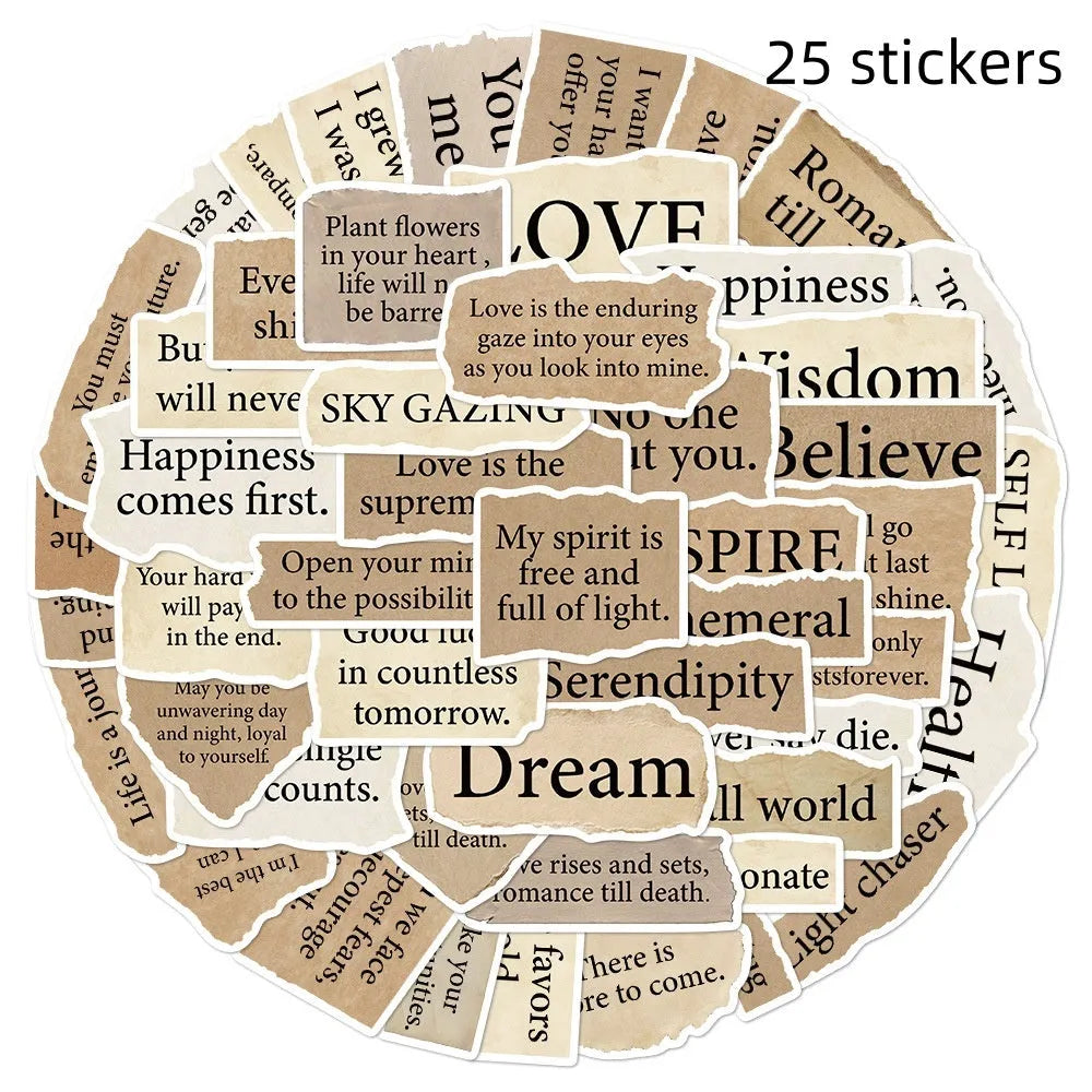 Set of 25 tear English text decorative PVC stickers for laptops and phones.