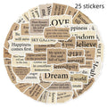 Set of 25 tear English text decorative PVC stickers for laptops and phones.