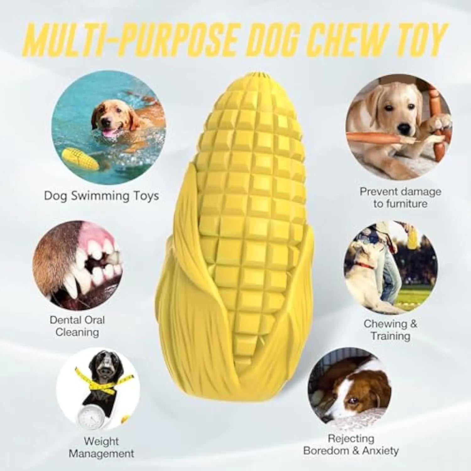 Blue and yellow corn stick dog chew toy with textured surface grooves for aggressive chewers