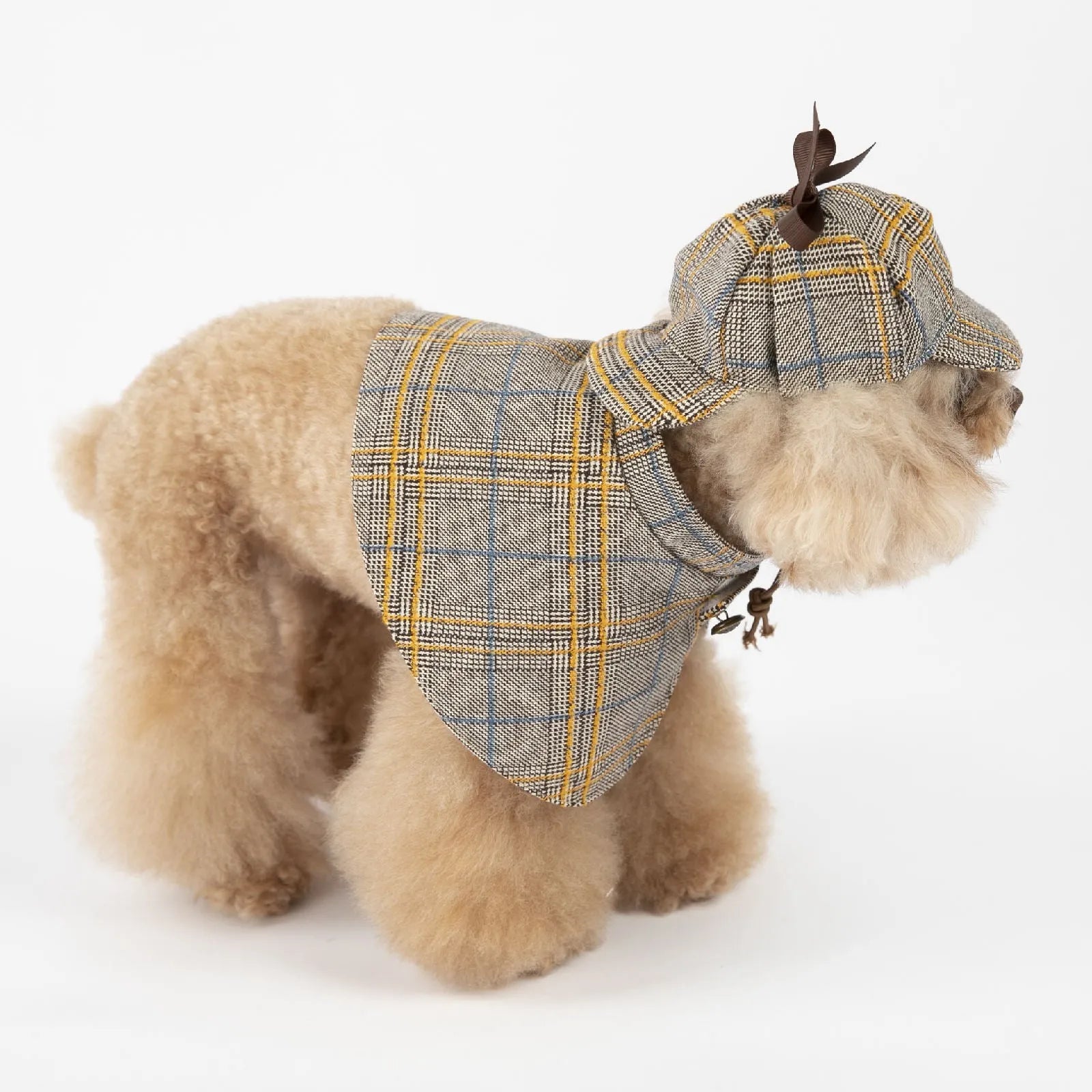 Camel-coloured cotton detective cloak for a pet, showing the adjustable hood and cloak length.