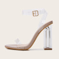 Apricot colour women's high heel sandals with glass heel, round toe, and buckle strap