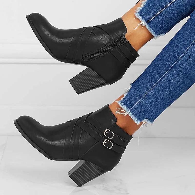 Plus size short boots with a 7cm heel, side zipper, and belt buckle in grey.