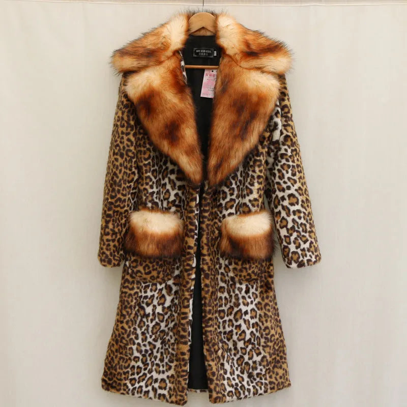 Women's long leopard print artificial fur jacket with regular sleeves