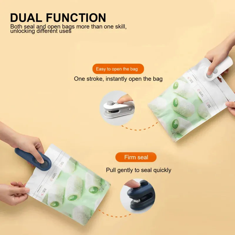 Blue handheld vacuum heat sealer with cutter blade and magnetic backing for food storage