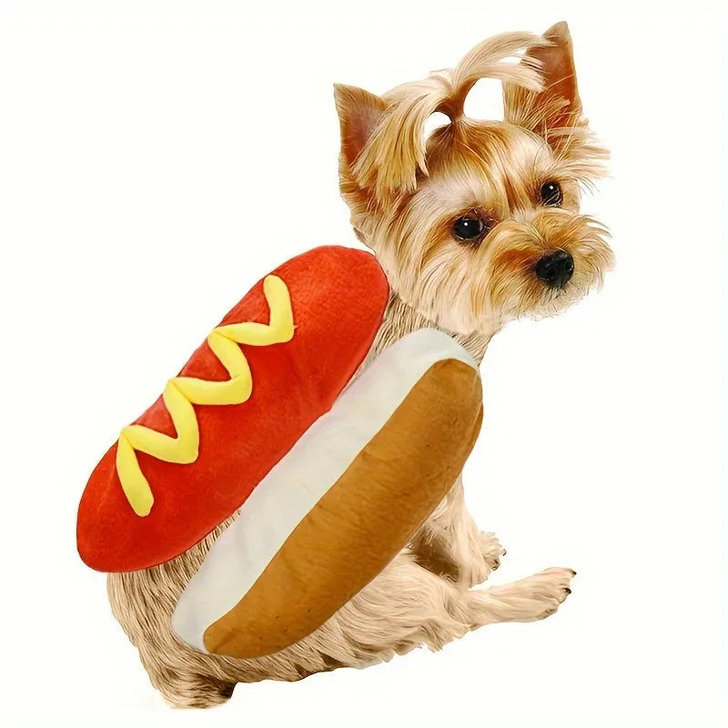 Small dog wearing a brown and yellow stuffed hot dog costume coat with S M L sizing options