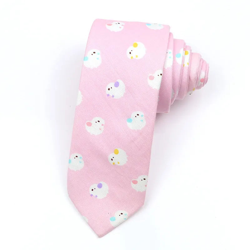 Narrow Korean-style cotton bow tie featuring a colourful cartoon print pattern.