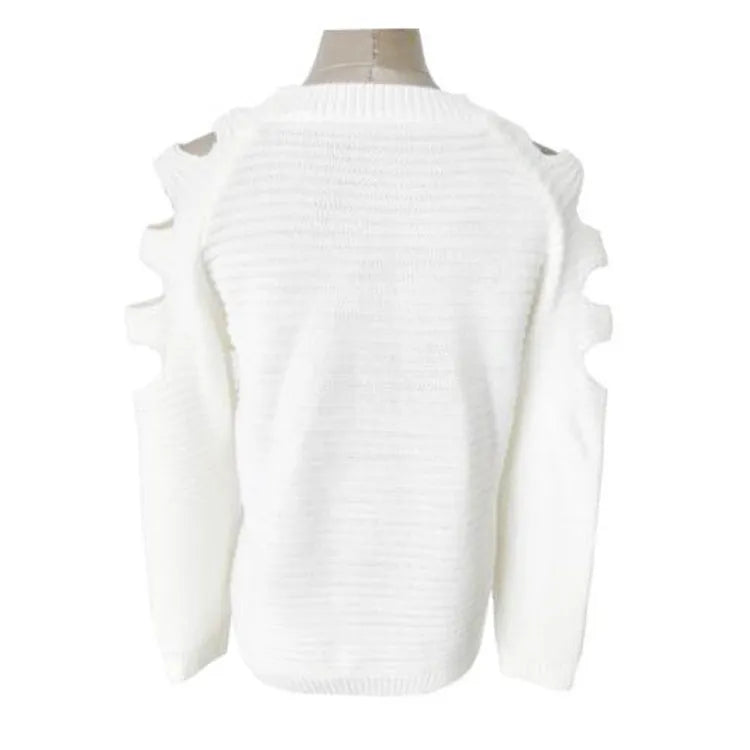 Women's white crocheted hollow-out pullover with long sleeves and textured pattern