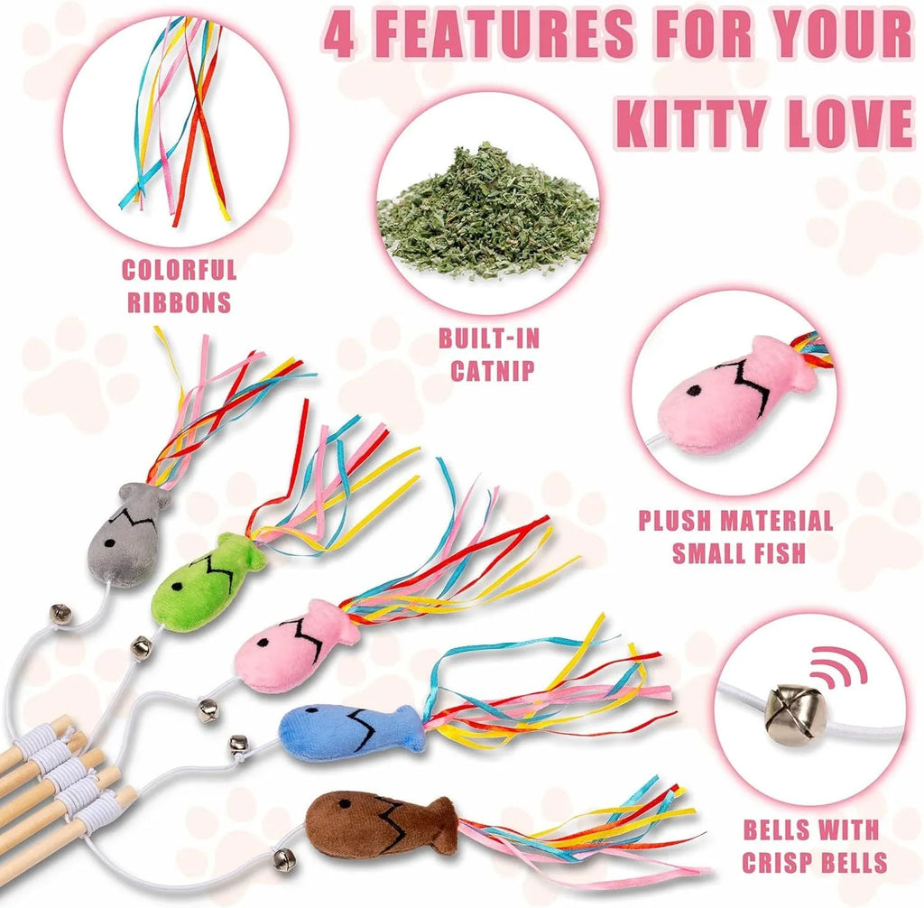 Cat wand toy with wooden handle, elastic rope, catnip fish, colourful ribbons and small bell