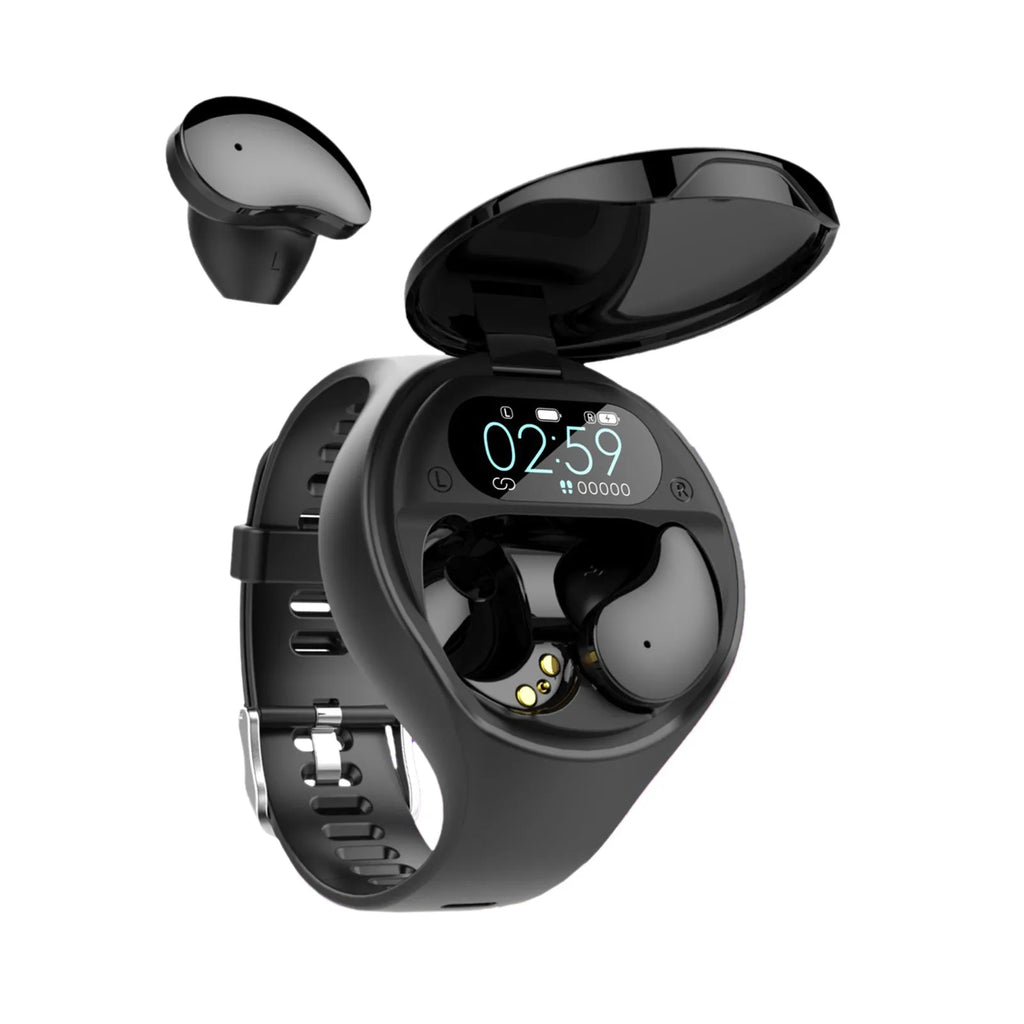 Black detachable smart watch and Bluetooth earphone combo for fitness tracking and calls.