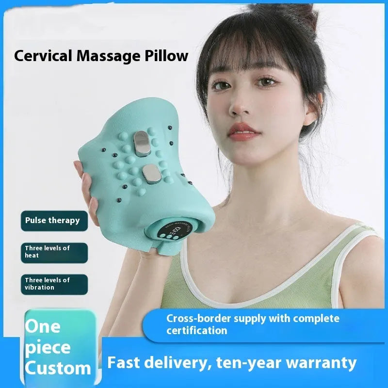 Blue-green portable cervical massage pillow with EMS and hot compress functions
