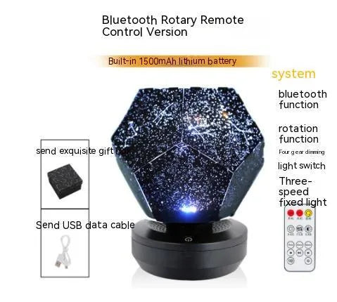 LED star projector showing constellation patterns on a ceiling, with remote control.
