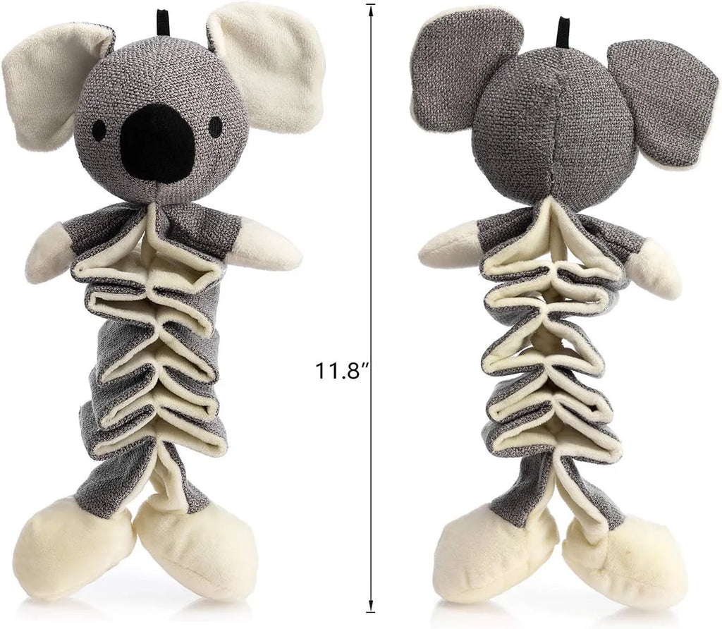 Grey koala-shaped dog toy measuring 30cm long with plush fabric and durable cloth construction.