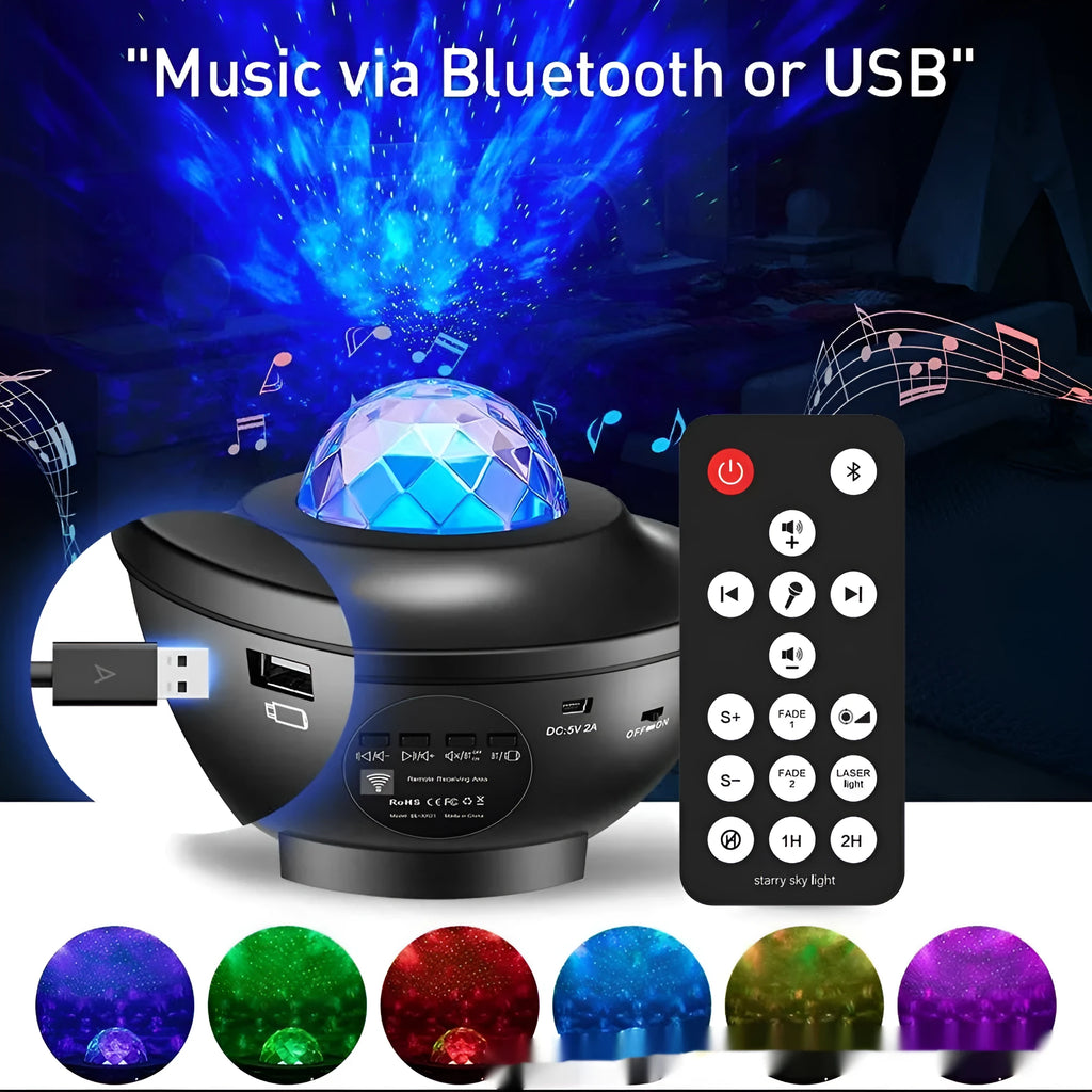 Black parallel style starry sky projection lamp with rotating water ripple laser effects and remote control