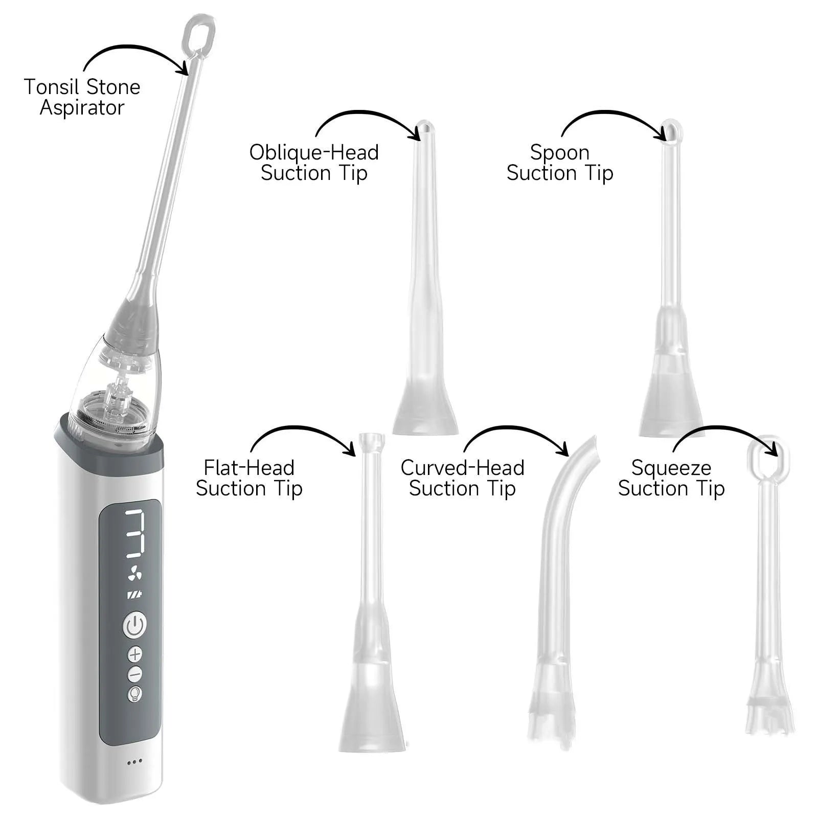 Milky white manual tonsil stone extractor oral cleaning tool set on a white background