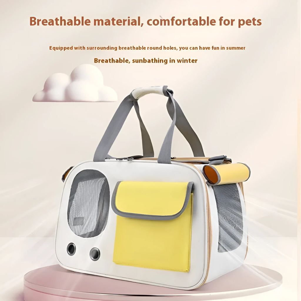 Foldable canvas pet shoulder bag shown in black, green, and yellow colour options