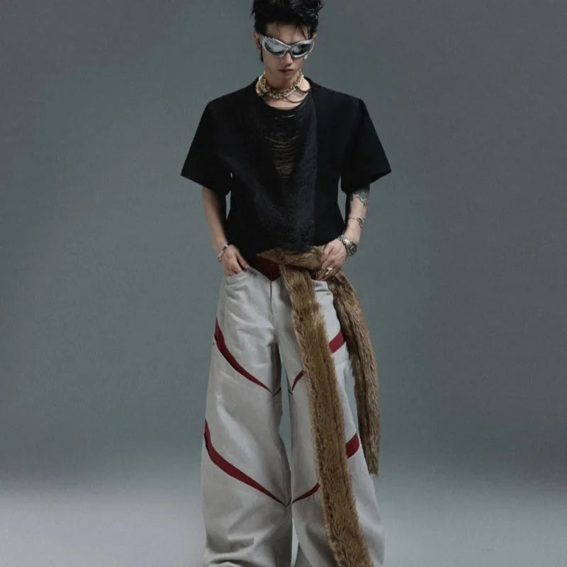 Men's drum black V-neck loose fit t-shirt with short sleeves and tassel detail