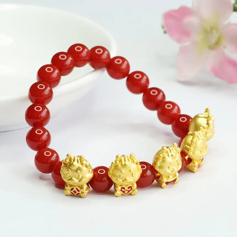 Red agate bracelet with Chinese dragon charm design showing 8mm beads