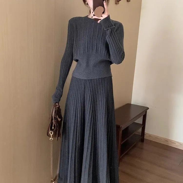 Long knitted dress suit set with 3D pattern artistic retro ethnic style dark grey black