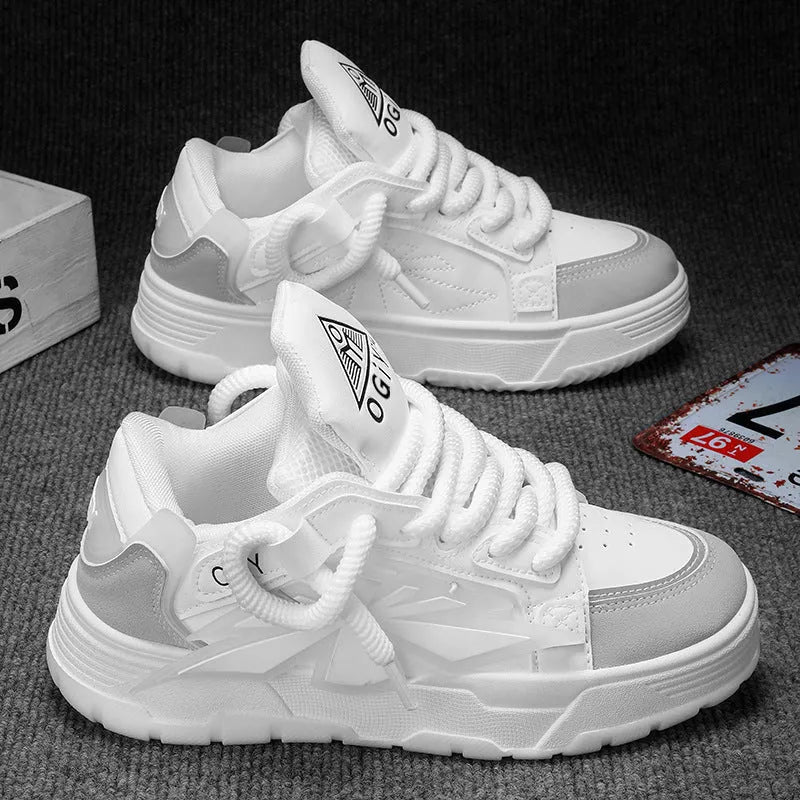 Men's white clunky sneakers with thick rubber sole and round toe lace-up design