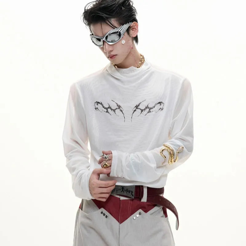 Black slim fit long sleeve niche mesh shirt for men on a white background
