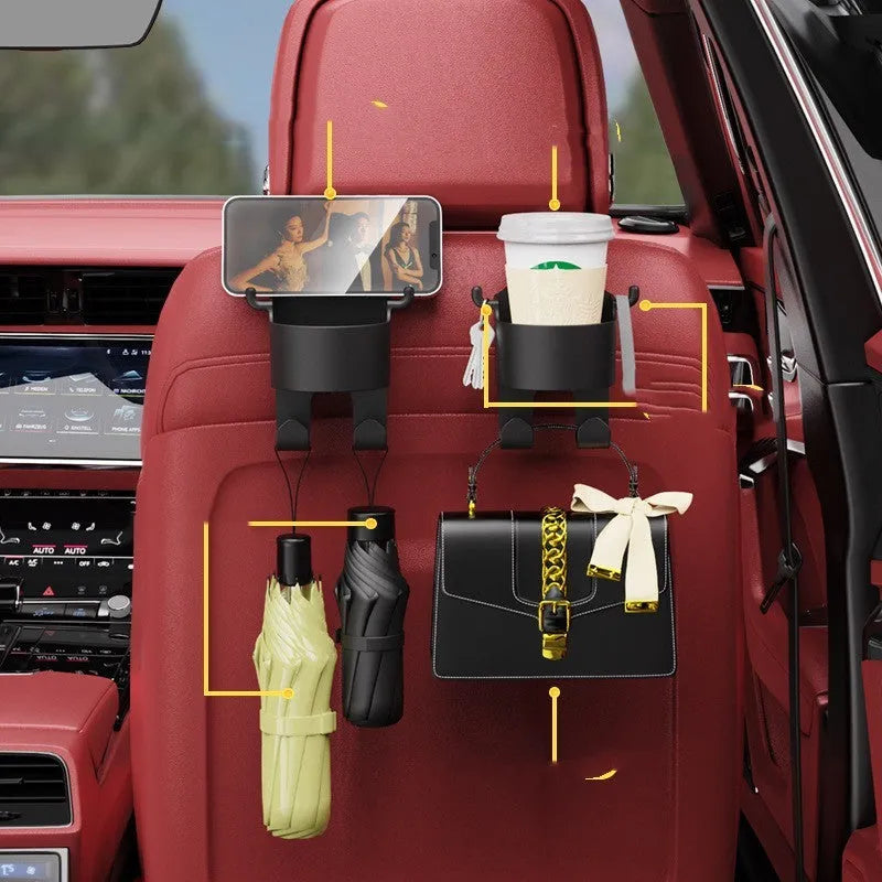 Black plastic car hook seat back accessory with cup holder and hook functions