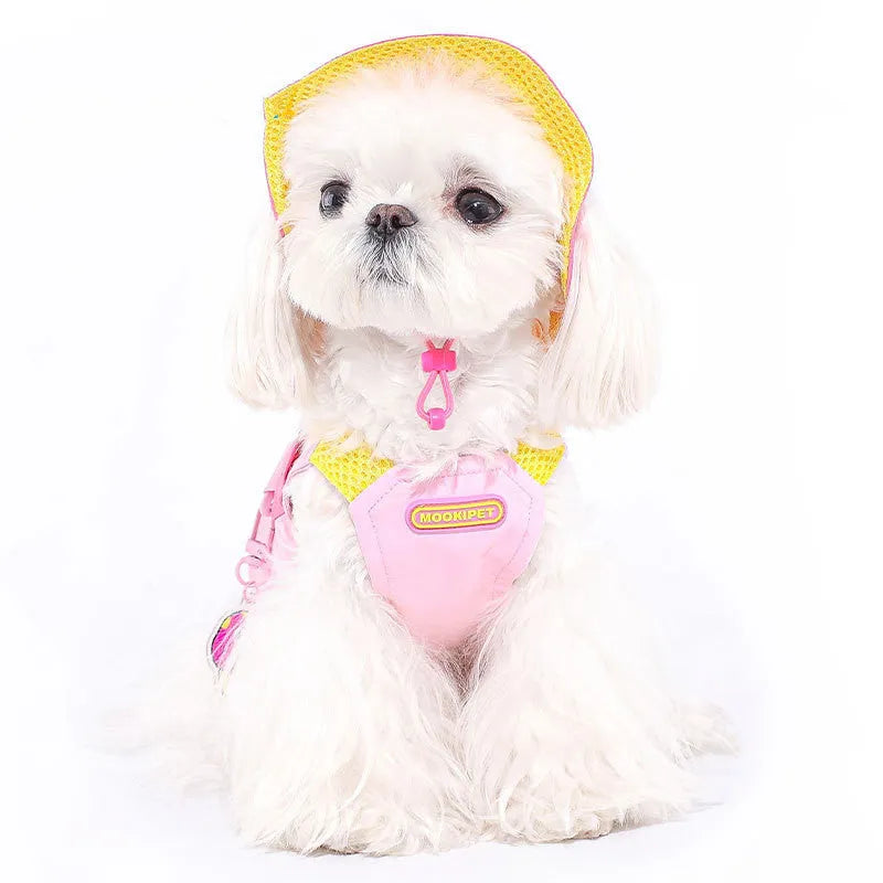 Pink lightweight polyester dog vest for small breeds on a white background