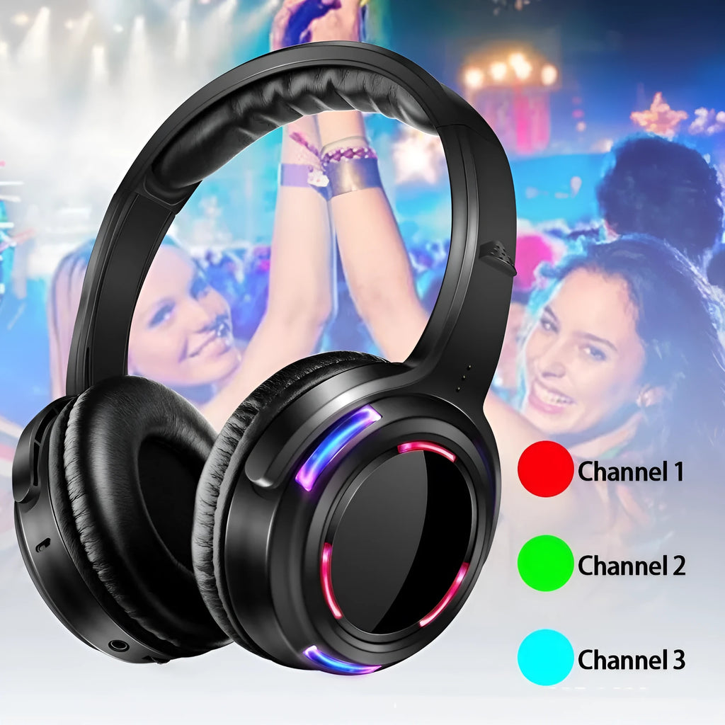 Black silent disco headphones with 3-metre cable and head-mounted design for party hire