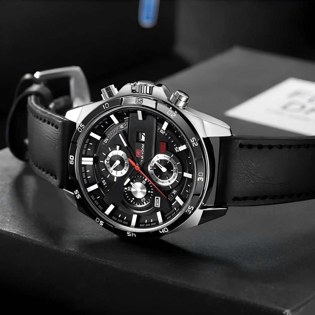 Men's waterproof calendar quartz watch with leather strap and metal case options