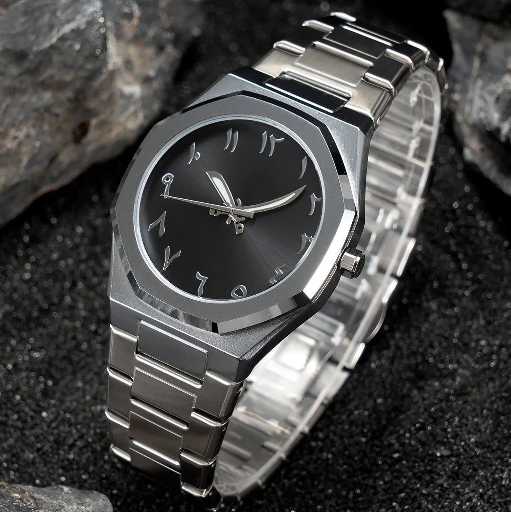 Business casual men's steel belt quartz watch with slim 10mm case on wrist