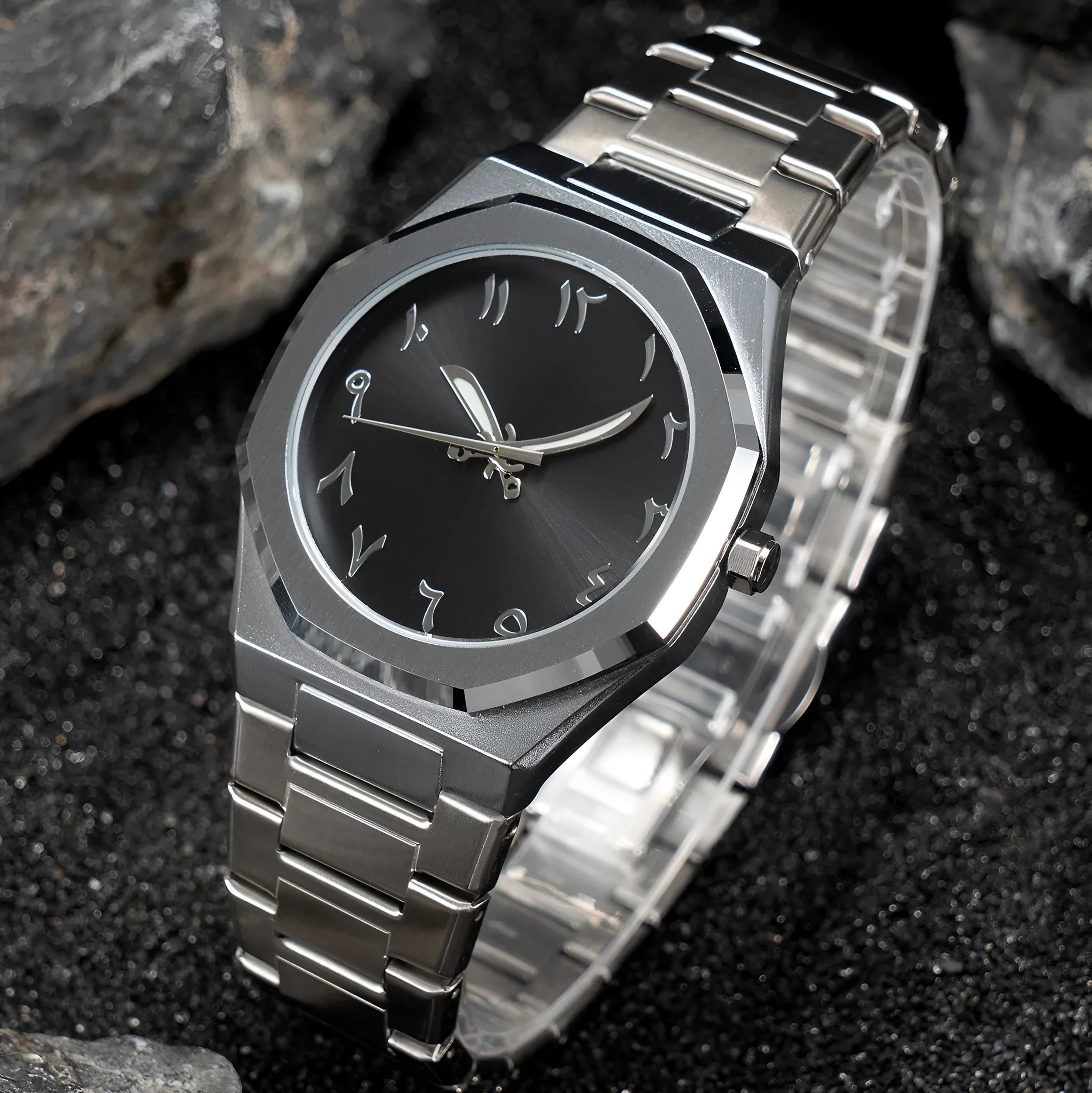 Business casual men's steel belt quartz watch with slim 10mm case on wrist