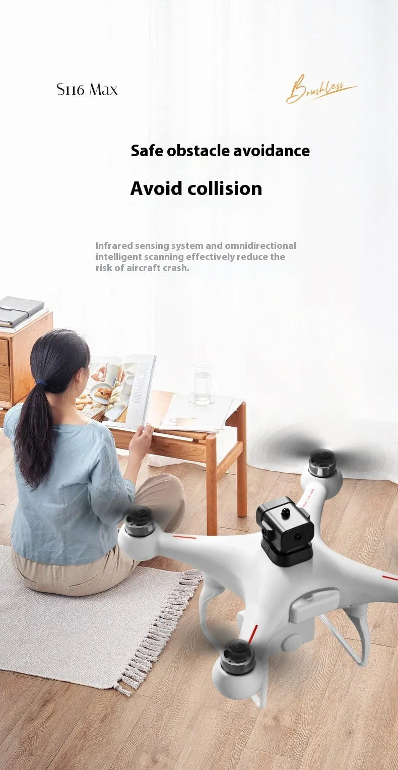 Black HD brushless UAV drone with four-side obstacle avoidance and camera, remote control beside it