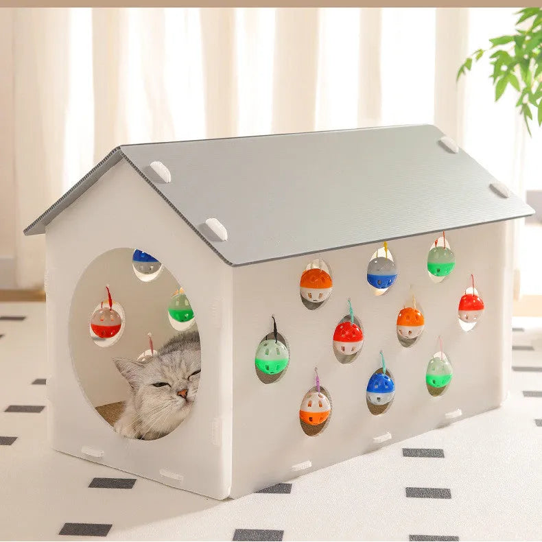 Plastic cat scratch board with integrated nest and bell ball tunnel for house cats