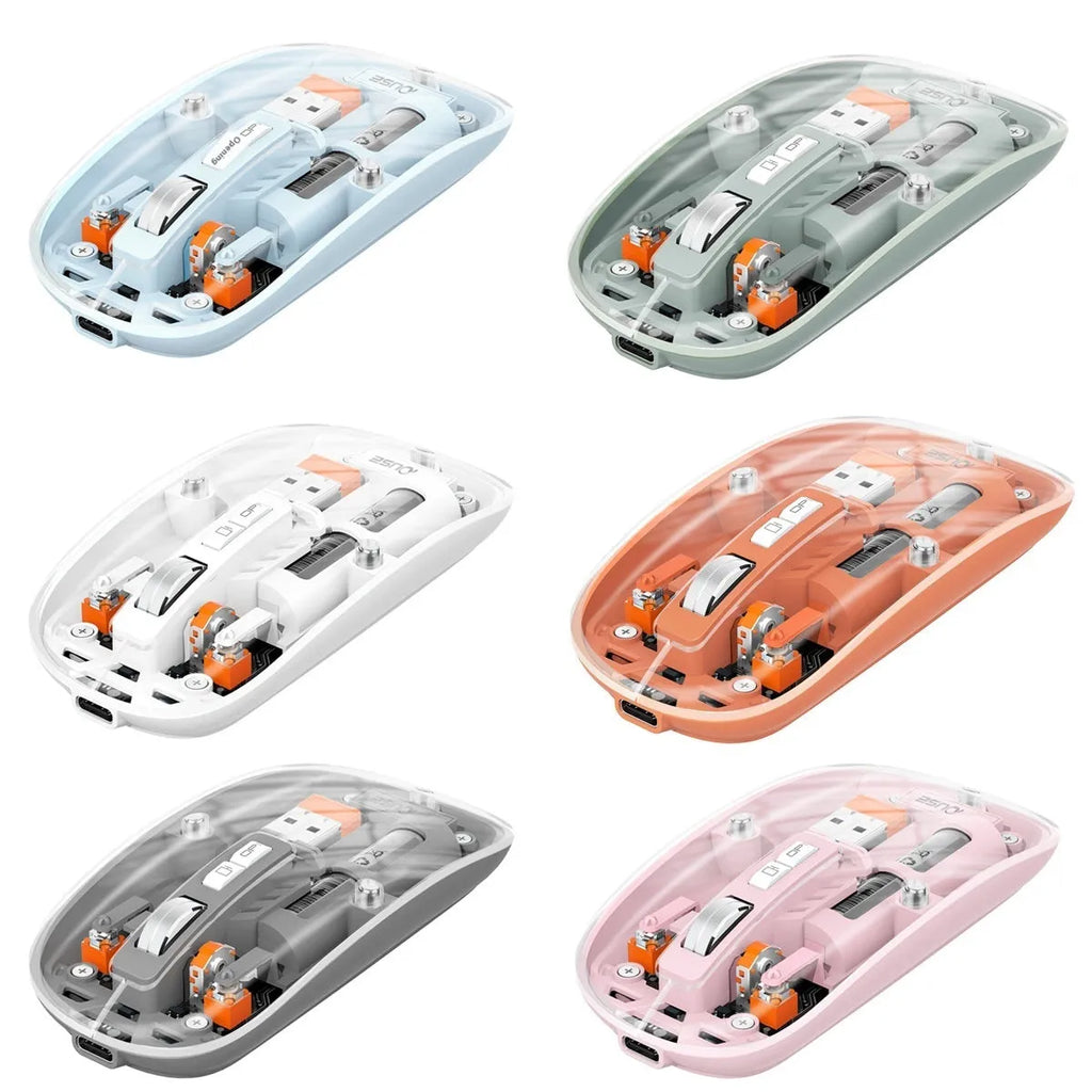 Transparent wireless computer mouse showing internal components with USB connector