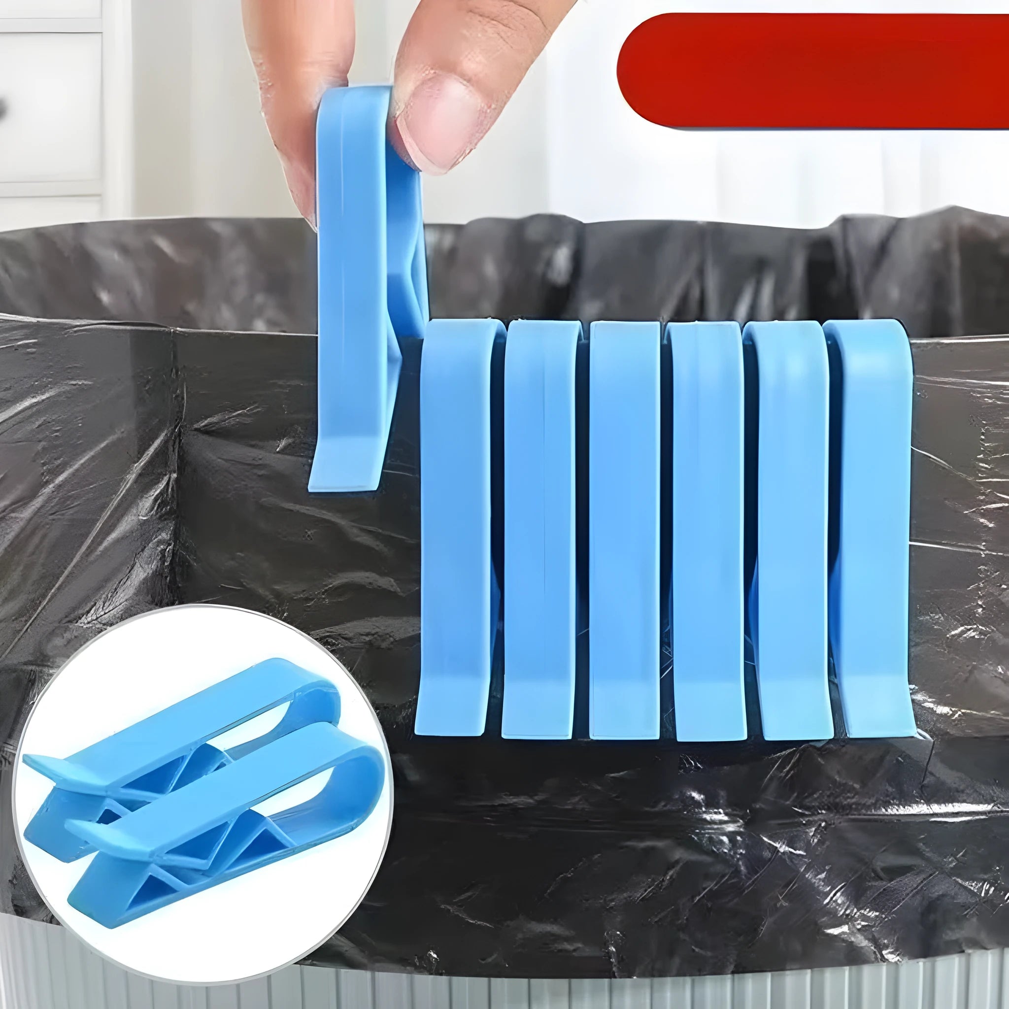 PP plastic non-slip clip for securing rubbish bags to the side of a bin.