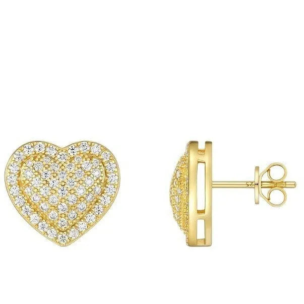 Gold heart-shaped stud earrings with moissanite stones on S925 silver