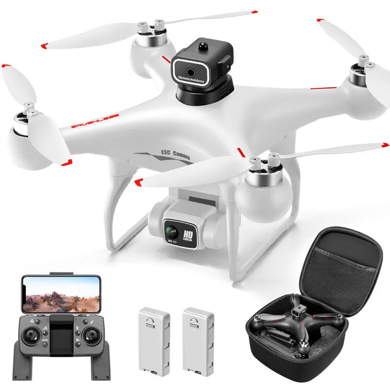 Black HD brushless UAV drone with four-side obstacle avoidance and camera, remote control beside it