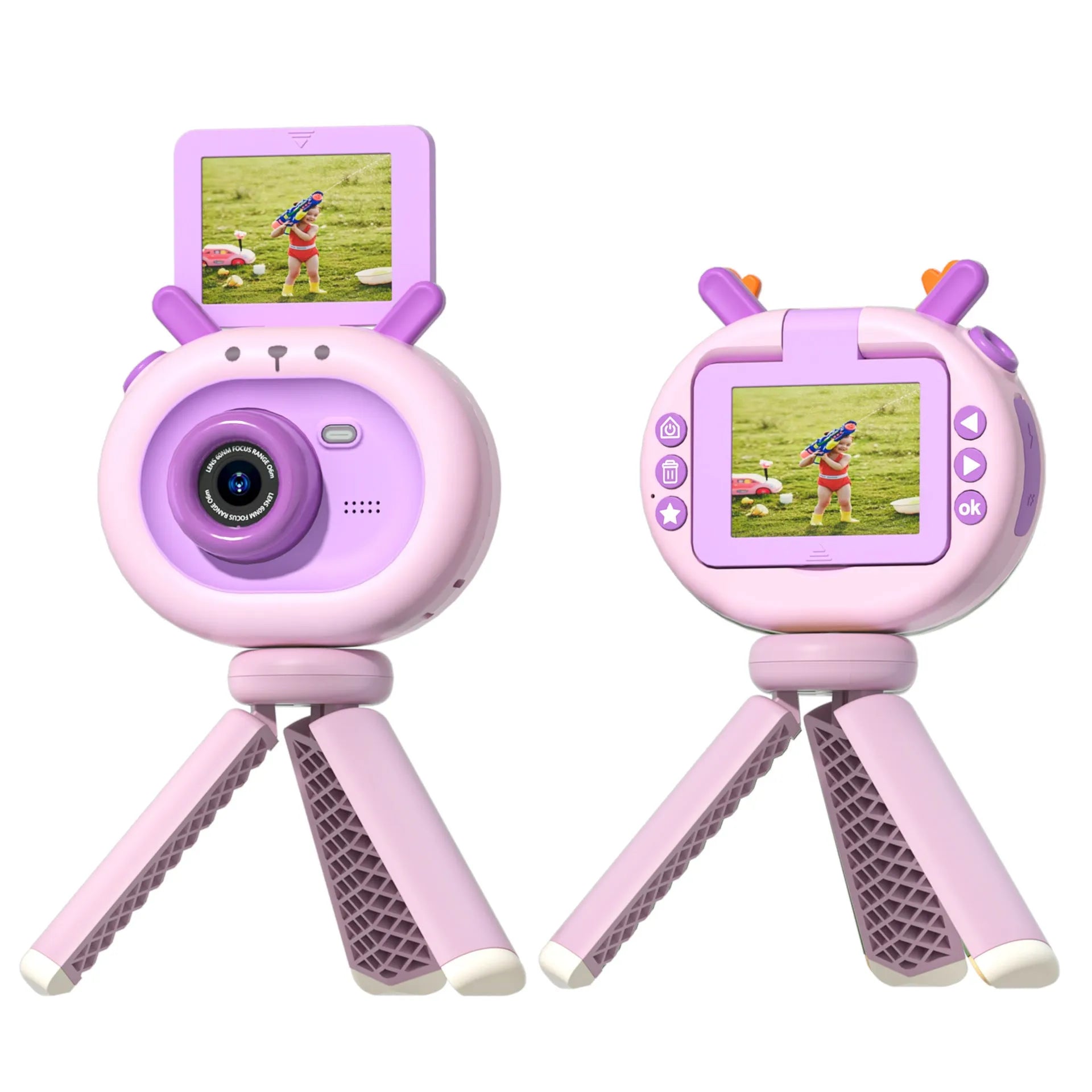 Purple and dark green children's digital camera with flip screen, silicone case lanyard, and accessories