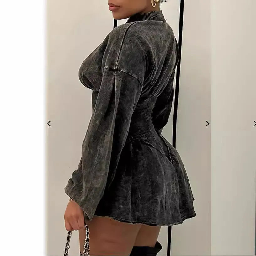 Gray digital print A-line dress with long sleeves, mid-waist cut, and front zipper closure