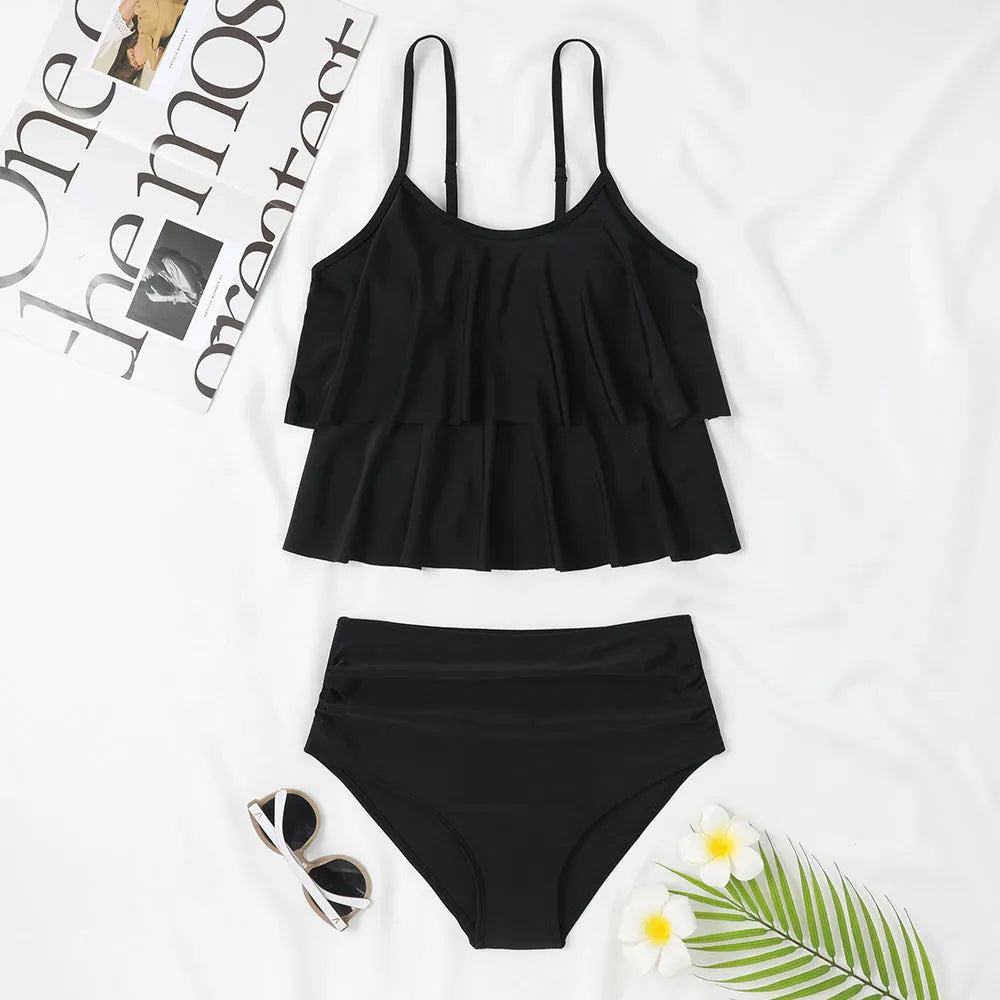 Women's high waist double-layer swimsuit in black and coconut tree floral print patterns