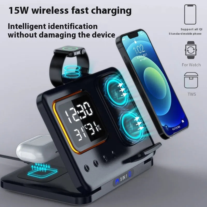 Black wireless charging station with digital clock display showing time and temperature, charging smartphone and smartwatch