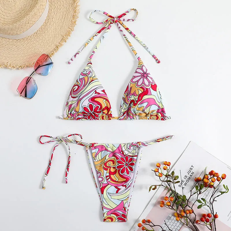 Women's triangle printed bikini with separate pieces and hanging neck design in multicolour pattern