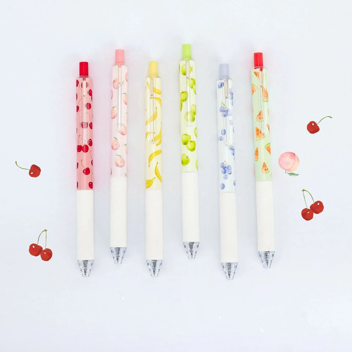 Three fruit-scented pressurised pens with 0.5mm quick-drying refills in random assortment
