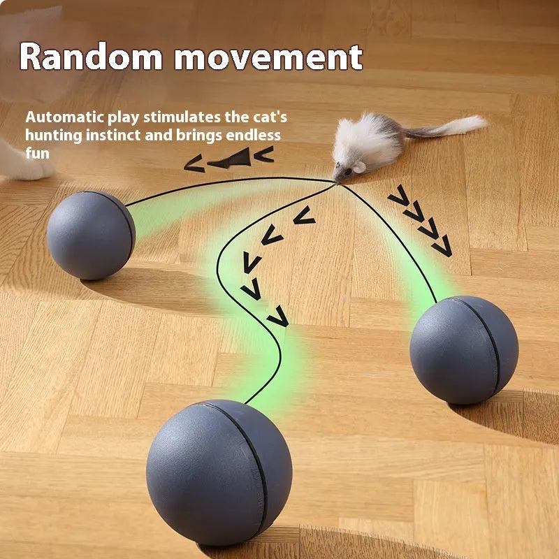 Automatic cat teasing ball toy with plush mouse attachment in blue orange colour