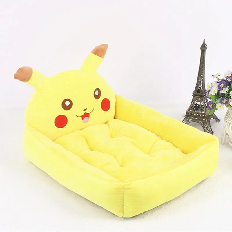 Cartoon-style sofa pet bed for small dogs and cats, shown in various colours.