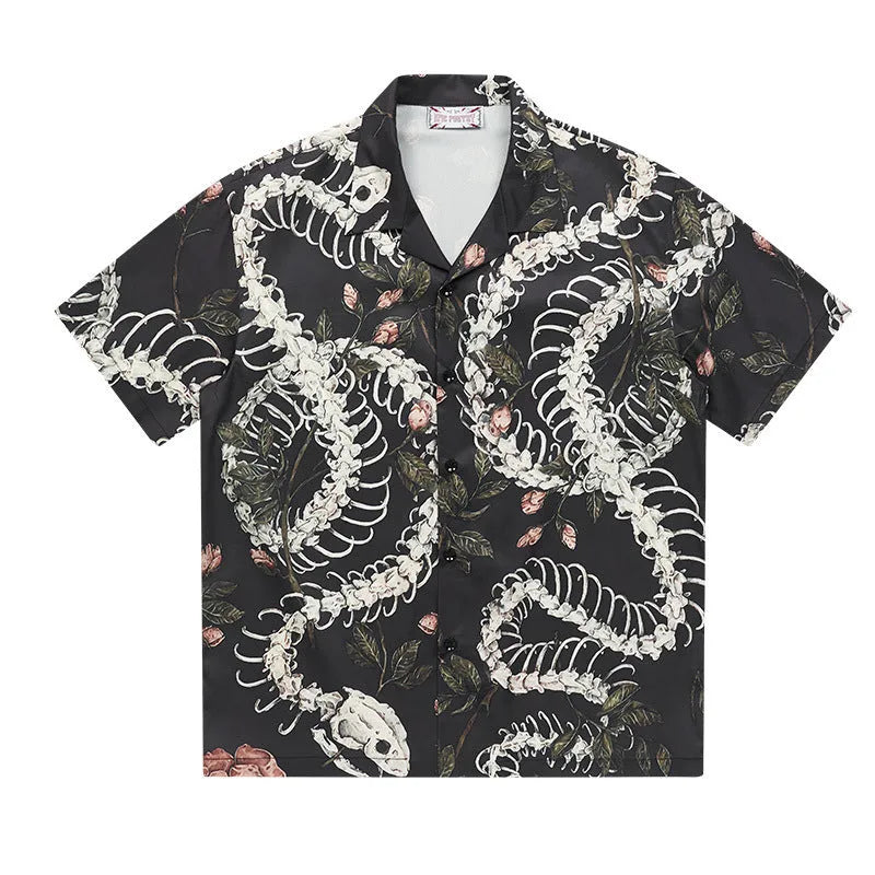 Snake bone pattern printed Cuban collar short sleeve shirt in loose cardigan styling