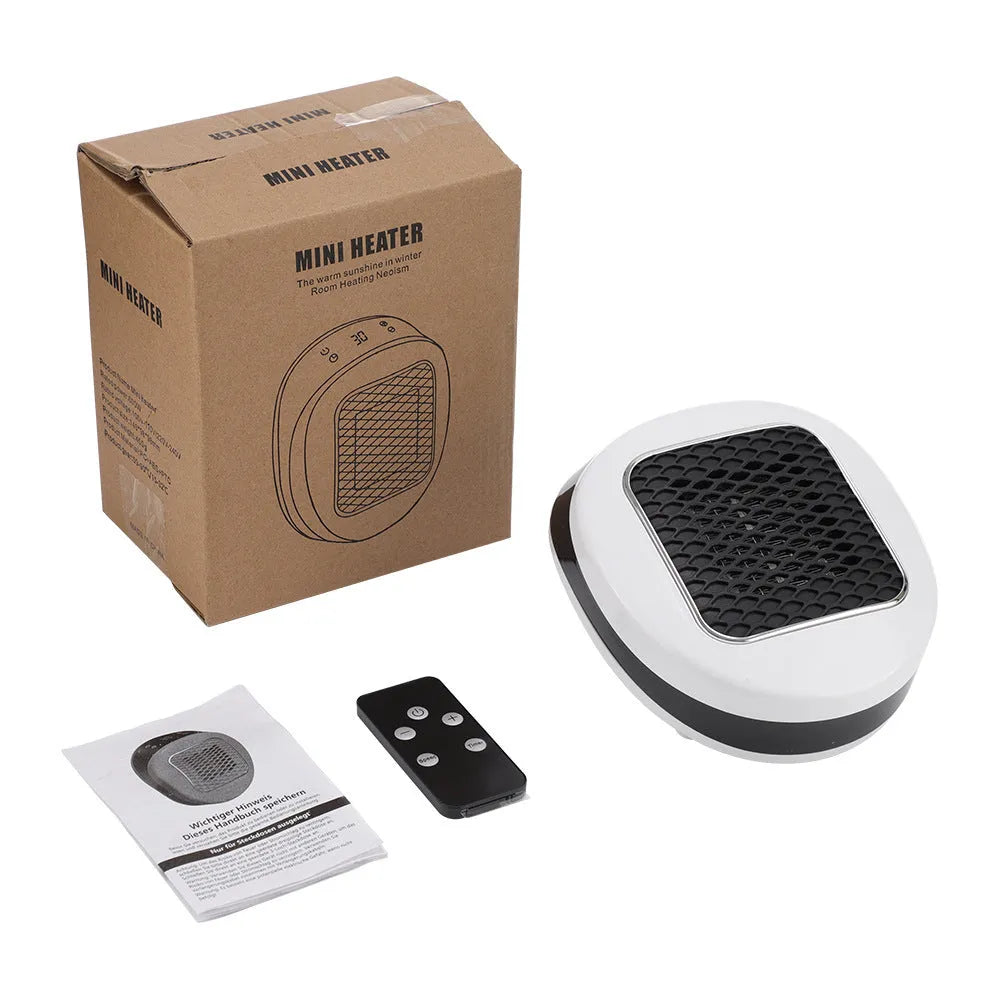 White ceramic heating electric hot air blower heater with remote control on a desk