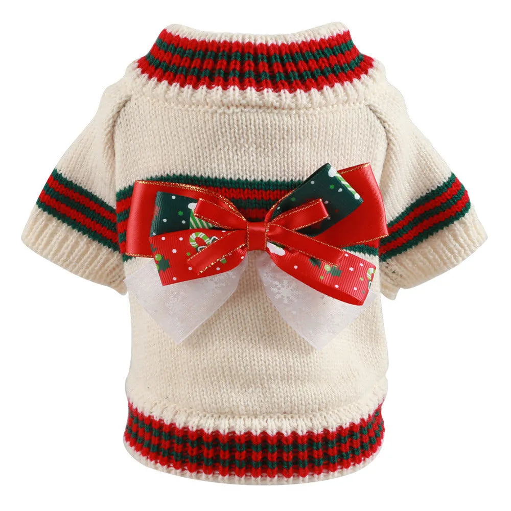 Red and green dog Christmas sweater shown on small to large breed dogs with festive holiday design